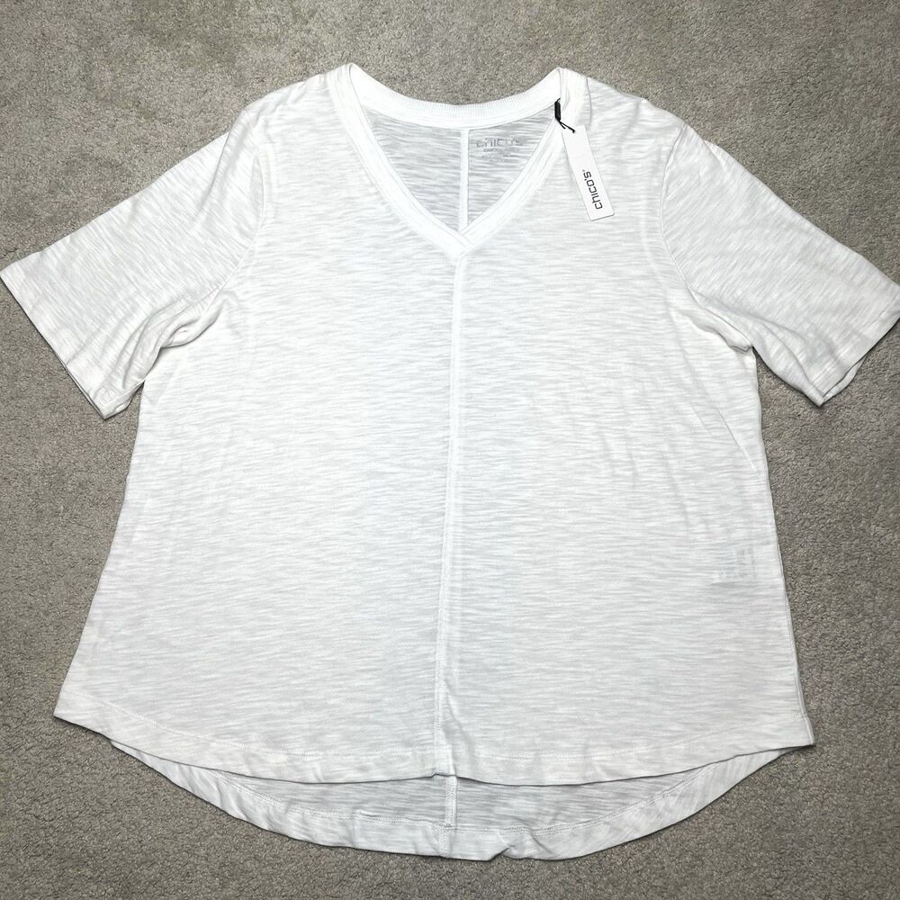 NEW CHICO'S Cotton Slub V-Neck Tee Shirt Womens XXL 4 A Line Elbow Sleeve White
